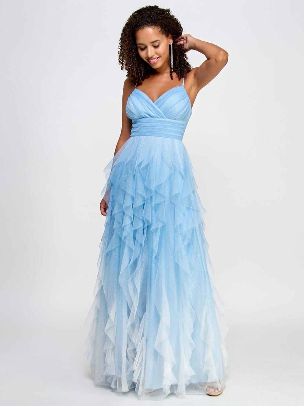 Pear Culture Juniors' Ombré Spiral-Ruffled Gown - Sky Snow SIZE:7 MSRP $229